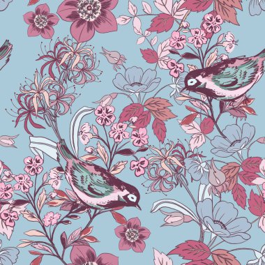 Folklor Pembe Chinoiseries tarzı Sevgililer Günü aşk kuşu Örümcek Zambağı çiçekli Doğu Asya Bahçe Ormanı çiçekleri eşarplar, moda kumaşı, tebrik kartı için eski, dikişsiz desenler açan