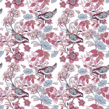 Folklor Pembe Chinoiseries tarzı Sevgililer Günü aşk kuşu Örümcek Zambağı çiçekli Doğu Asya Bahçe Ormanı çiçekleri eşarplar, moda kumaşı, tebrik kartı için eski, dikişsiz desenler açan