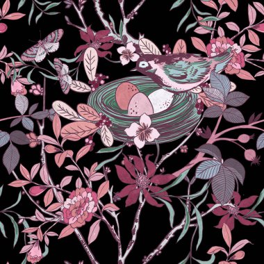 Folklor Pembe Chinoiseries tarzında yumurta ve yuva yapmış Doğu Asya Bahçe Ormanı çiçekleri atkılar, moda kumaşı ve tebrik kartı için eski, dikişsiz desenler açıyor.