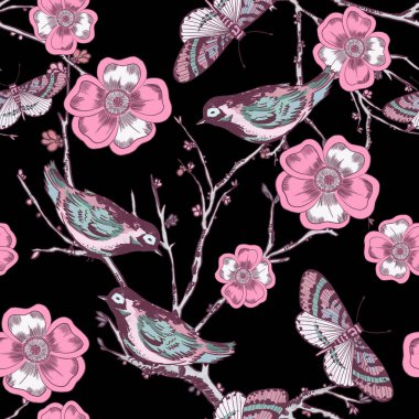 Folklor Pembe Chinoiseries Tarzı Sakura Ağacı ve Kelebekli Küçük Kuş Doğu Asya Bahçesi Çiçeği Eşarplar, moda kumaşı, tebrik kartı için eski çağlardan kalma kusursuz desenler