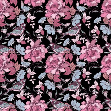 Geleneksel Pembe Şemsiye Tarzı Şakayık Çiçeği ve Küçük Kuş Çifti Doğu Asya Bahçe Ormanı Çiçeği Eşarplar, moda kumaşı, tebrik kartı için eski çağlardan kalma pürüzsüz desenler