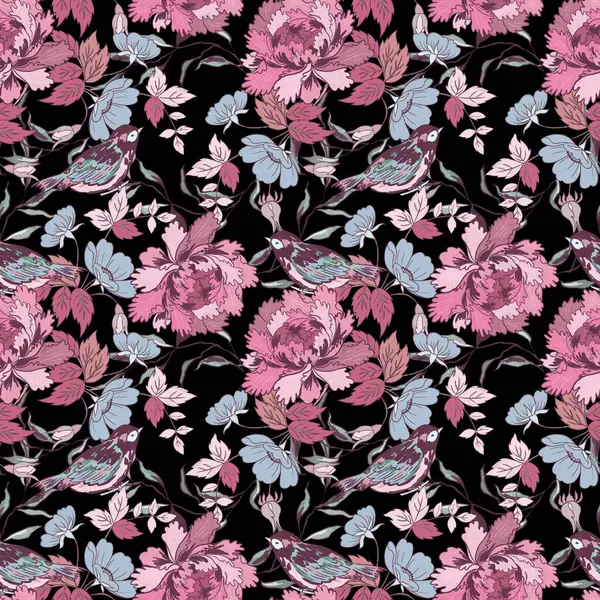 Geleneksel Pembe Şemsiye Tarzı Şakayık Çiçeği ve Küçük Kuş Çifti Doğu Asya Bahçe Ormanı Çiçeği Eşarplar, moda kumaşı, tebrik kartı için eski çağlardan kalma pürüzsüz desenler