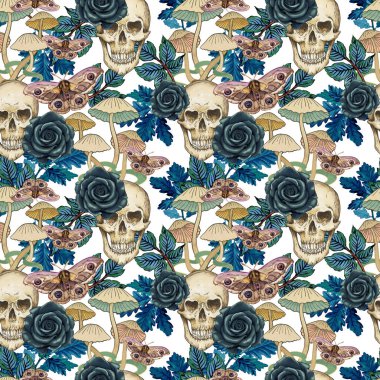 Kusursuz desenli kafatası ve çiçek desenli botanik bahçesi karanlık gotik cadılık cadılar bayramı sanatı. Ortaçağ tarzı. Moda kıyafetleri şablonu 