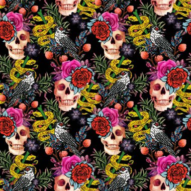 Kusursuz desenli kafatası ve çiçek desenli botanik bahçesi karanlık gotik cadılık cadılar bayramı sanatı. Ortaçağ tarzı. Moda kıyafetleri şablonu 