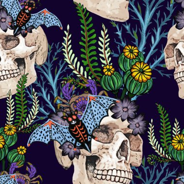 Kusursuz desenli kafatası ve çiçek desenli botanik bahçesi karanlık gotik cadılık cadılar bayramı sanatı. Ortaçağ tarzı. Moda kıyafetleri şablonu 