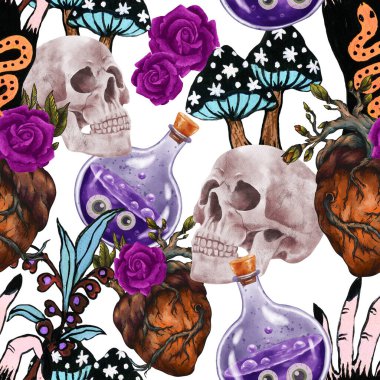 Kusursuz desenli kafatası ve çiçek desenli botanik bahçesi karanlık gotik cadılık cadılar bayramı sanatı. Ortaçağ tarzı. Moda kıyafetleri şablonu 