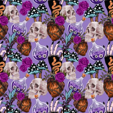 Kusursuz desenli kafatası ve çiçek desenli botanik bahçesi karanlık gotik cadılık cadılar bayramı sanatı. Ortaçağ tarzı. Moda kıyafetleri şablonu 