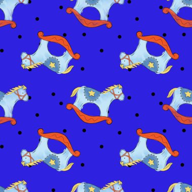 Çizgi film tarzında yeni yıl. Tatil hediyeleri, sallanan at Tatil sezonluk çizimler tekrarlanıyor