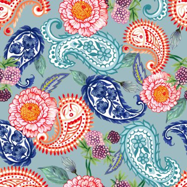 Eski moda fantezi çiçekleri, desenli desenli desenli damasya işlemesi. Kusursuz desen, yeşil arkaplan