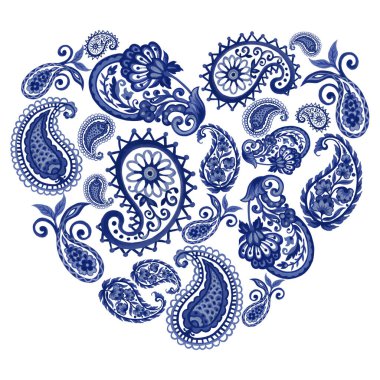 Suluboya tasviri modern taslak şal desenli doğu mandala halk kına dövmesi indigo mavi elementler izole edilmiş kalp şekli beyaz arka plan el boyası