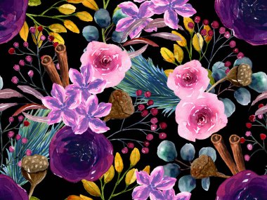 Güzel sonbahar kışı çiçek açan botanik yaprakları, kış mevsiminde meyveler moda, kumaş, kağıt, iç mekan için kusursuz desen tasarımı.