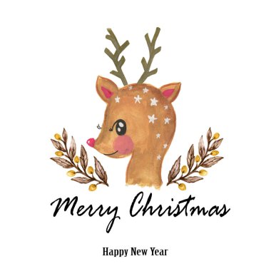 Suluboya ren geyiği. El çizimi Noel çizimi. Tasarım için beyaz arka planda izole edilmiş.