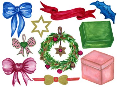 Beyaz arka planda suluboya ile boyanmış dallardan Noel süsleri.