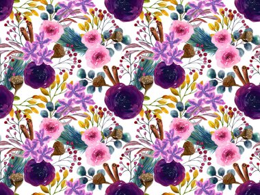 Kış çiçeği buket bitkileri, böğürtlenler, çiçekler, yapraklar, yeşil ve kahverengi dallar. Duvar kağıtları için dikişsiz desen, baskı iç mimarisi.