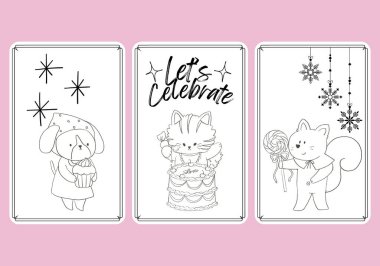 Hayvani karalama hediye etiketleri. Şirin kawaii 'li izole rozetler, tatil partisini kutlamak. Dekoratif bayrak seti ya da hediyeler