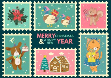 Klasik yılbaşı kartpostal çizimi seti. Retro tarzı kış tatili posta etiketi koleksiyonu, xmas kutlaması hayvan kawaii şenlik posta etiketi.