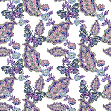 Soyut fantezi çiçekleri ve yaprakları ve kelebek desenli kusursuz desenli Paisley ya da Şam jakoben tarzı suluboya el boyalı Gouache