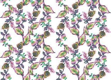 Soyut fantezi çiçekleriyle kusursuz desen ve Paisley ya da Damask Jacobean tarzı suluboya el boyası bırakıyor.