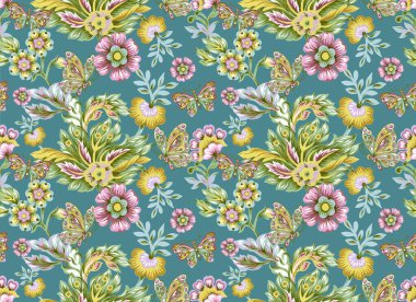 Soyut fantezi çiçekleri ve Paisley ve Butterfly ya da Damask Jacobean tarzı Gouache el ağrısı ile kusursuz desen.