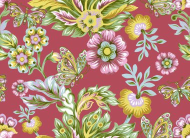 Soyut fantezi çiçekleri ve Paisley ve Butterfly ya da Damask Jacobean tarzı Gouache el ağrısı ile kusursuz desen.