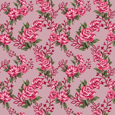 Gouache Illustration Şık gül desenli başlık ve kumaş, kağıt veya kağıt parçalarına basmak için uygun dikişsiz parçalar.