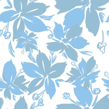 Yaprakları ve çiçekleri olan modern soyut arkaplan, el boyası, pürüzsüz desen, pastel mavisi.