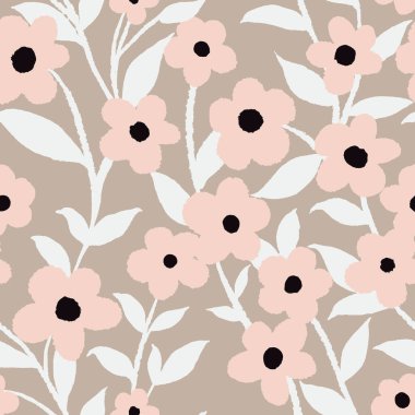 Yaprakları ve çiçekleri olan modern soyut arkaplan. El boyası, pürüzsüz desenler.