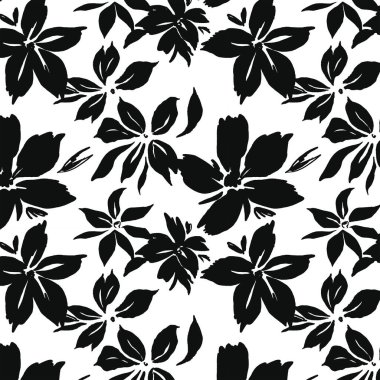 Yaprakları ve çiçekleri olan modern soyut arkaplan, el boyası, pürüzsüz desen, siyah ve beyaz.