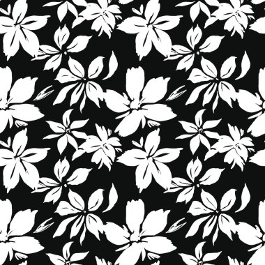 Yaprakları ve çiçekleri olan modern soyut arkaplan, el boyası, pürüzsüz desen, siyah ve beyaz.