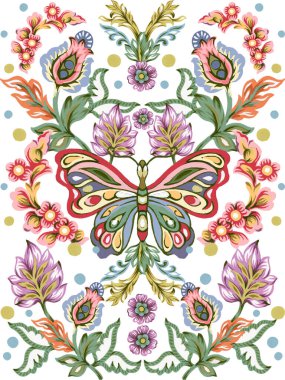 Süslü çiçek desenleri. Soyut Chintz kabilesinin geleneksel desenli beyaz desenli desenli desenleri.