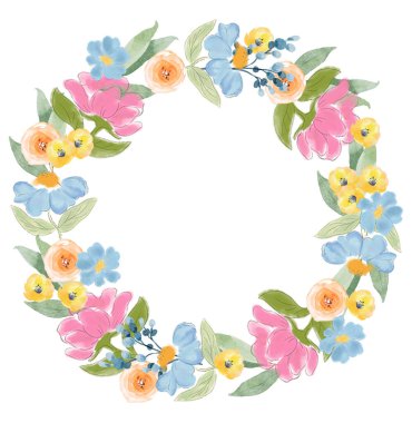 Bahar rengarenk çelenk koleksiyonu kır çiçekleri, yaprak dalları, beyaz arka planda yapraklar. Dekor, paskalya, etiket, klip, baskı için el çizimi illüstrasyon.