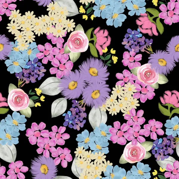 Bahar rengarenk çiçek şablonu koleksiyonu yaban çiçeği çiçekleri, yaprak dalları, beyaz arka planda yapraklar. Dekor, paskalya, etiket, klip, baskı için el çizimi illüstrasyon.