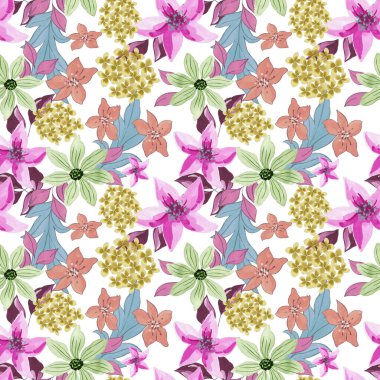 Soyut çiçek açma tasarımı. Çok güzel çiçek desenleri var. Suluboya tarzında küçük renkli küçük botanik.