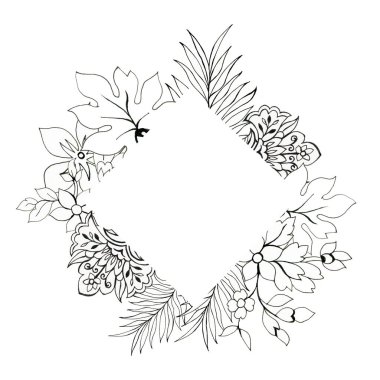 El çizimi resimli doğulu batik sarong çiçek yaprakları siyah ve beyaz ana çerçeve etiketli pankart bırakır beyaz arkaplandaki davetiyeler için mükemmel bir çelenk