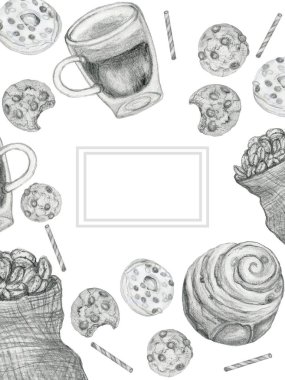 Çikolata parçacıklı kurabiye ikonlarının eskiz çizimi. Restoran, kafe, kafe, kafe, kafe, el yapımı etiket menüsü.