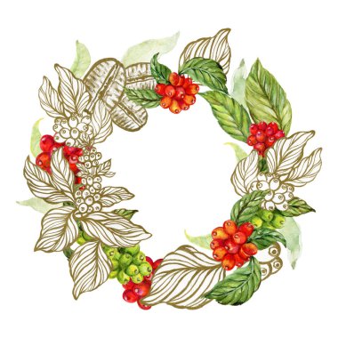 Kahve çekirdekleri ve yapraklar grafiksel el çizimi altın suluboya çizim çizimi