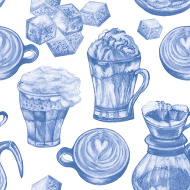 Kalem çizimi çizimi, kahve kafe koleksiyonu, zencefil, sıcak şeker ve buz, aroma seti. Arka planda pürüzsüz desen arkaplanı elle tekrarla. 