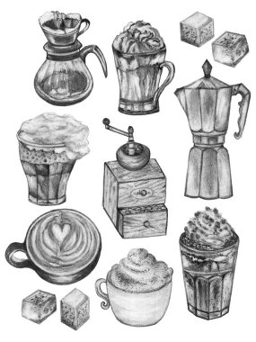 El çizimi beyaz element çizimi Kahve içecek şeker ve makine üreticisi ve öğütücü illüstrasyon tasarımı arkaplan, restoran, kafe, kafe, kafe, kafe 