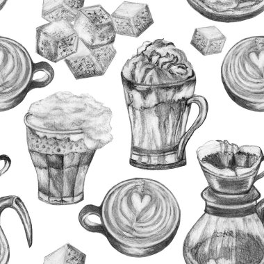 Kalem çizimi çizimi, kahve kafe koleksiyonu, zencefil, sıcak şeker ve buz, aroma seti. Arka planda pürüzsüz desen arkaplanı elle tekrarla. 