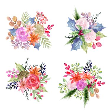 Noel çiçekleri, çiçek, ökse otu, suluboya, pembe, yeşil, şeftali rengi, turuncu yapraklar tatil partisi için. Kutlama kartı ve afiş, beyaz arka planda geleneksel çiçek ve bitkiler.