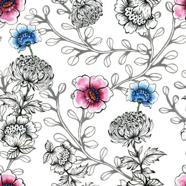 Bir çift Jacobean doğu botanik soyut çiçekleri ve renkli kasımpatı buketi tekrar kusursuz el boyası bırakıyor.