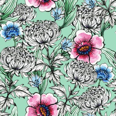 Bir çift Jacobean doğu botanik soyut çiçekleri ve renkli kasımpatı buketi tekrar kusursuz el boyası bırakıyor.