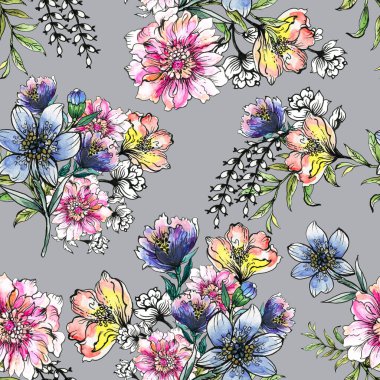 Yaprak yaprakları ve zinnia şakayıkları soyut çiçek doğal, dikişsiz suluboya çizim dekorasyon tebrik kartı, düğün kartı, tekstil efsanesi