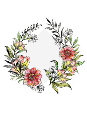 Suluboya renkli ve siyah illüstrasyon botanik cennet koleksiyonu ve soyut el boyalı buket çelenkler beyaz arka planda.