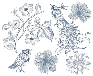 Doğu doğudaki mavi toile de jouy, chicoiseries stili vintage Flowers Bird Hand RSVP kartı için çizilmiş taslak, kusursuz desenli moda 