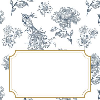 Botanik mavisi düğün çerçevesi beyaz arka planda altın renginde. El çizimi çiçek, toile de jouy stili yaprak dalı. Düğün için satır sanatı, monogram, davetiye, selamlama, logo, doğum günü kartları.