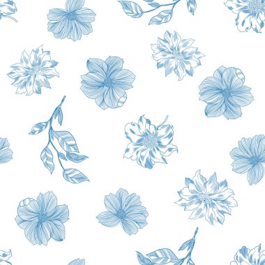 Toile de Jouy porselen tarzında elle çizilmiş, soyut botanik desenli kusursuz desen. Kumaş, duvar kağıdı ya da ambalaj kağıdı için tekrar yazdırma