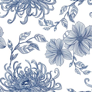 Toile de Jouy porselen tarzında elle çizilmiş, soyut botanik desenli kusursuz desen. Kumaş, duvar kağıdı ya da ambalaj kağıdı için tekrar yazdırma