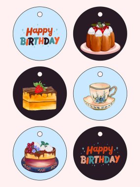 Pastane etiketleri hazır. Kupür defteri, tebrik kartı, mesajlı doğum günü partisi çizimleri için mükemmel. Yemek, tatil ve tatlı zamanı konsepti