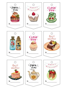 Dekoratif şekerci şekerleme dükkânı suluboya etiketleri suluboya pasta etiketleri, çörekler çay partisi tasarım davetiye pankartları, davetiye, davetiye, tebrik kartı